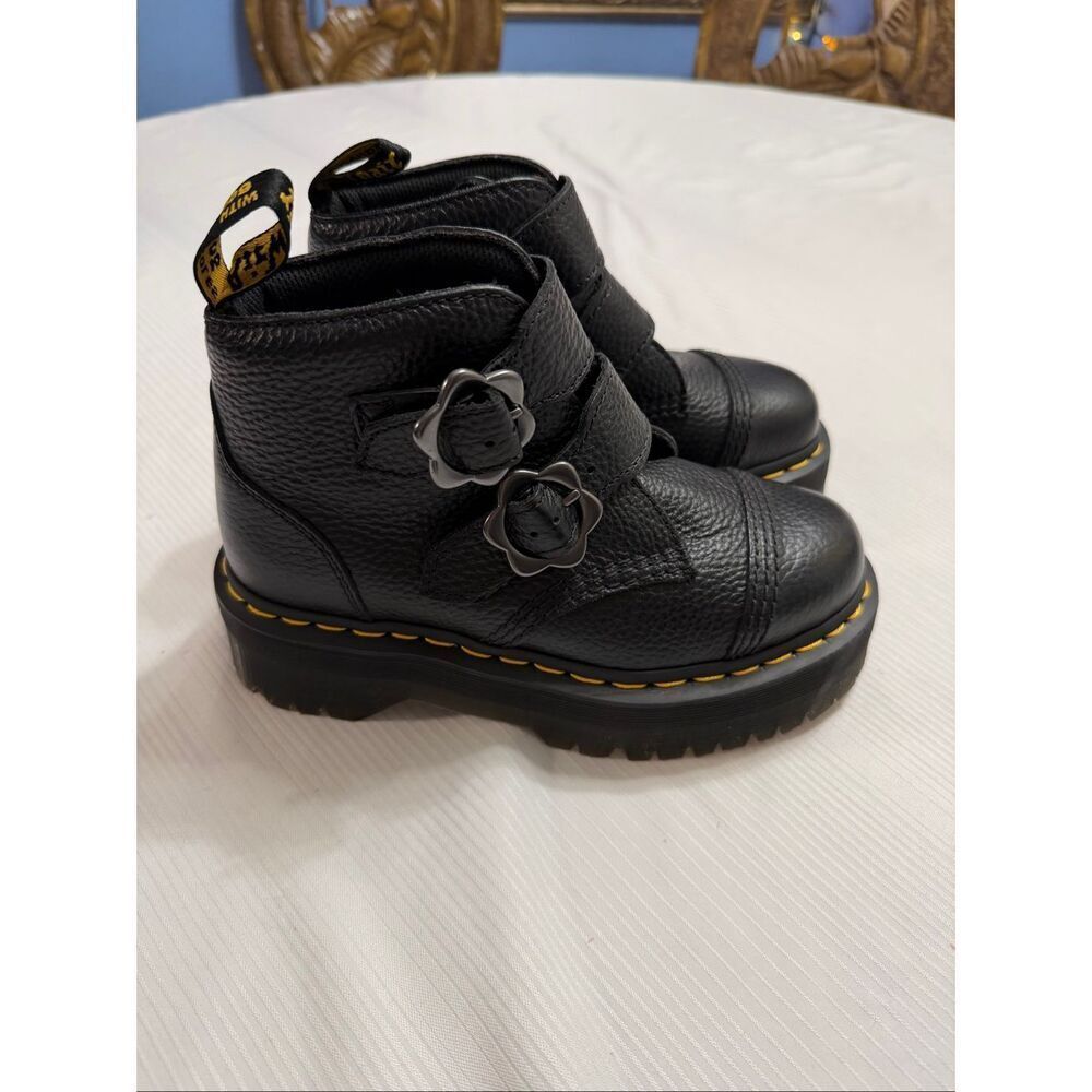 Dr. Martens Devon Flower Buckle Black Leather Platform Boots Women’s Size 5